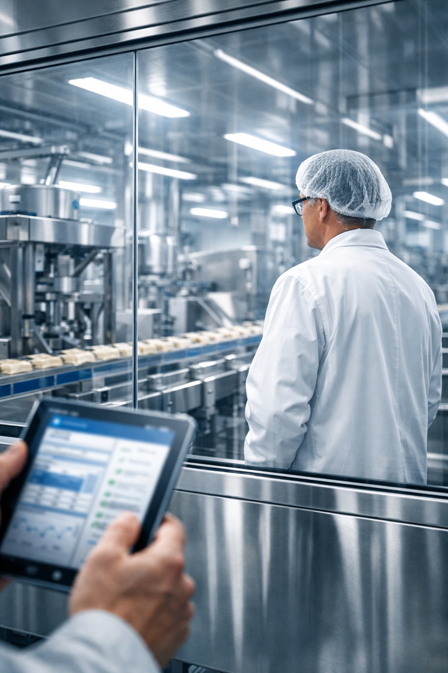 Auditoria de segurança alimentar no chão de fábrica observando processos de produção e higiene.