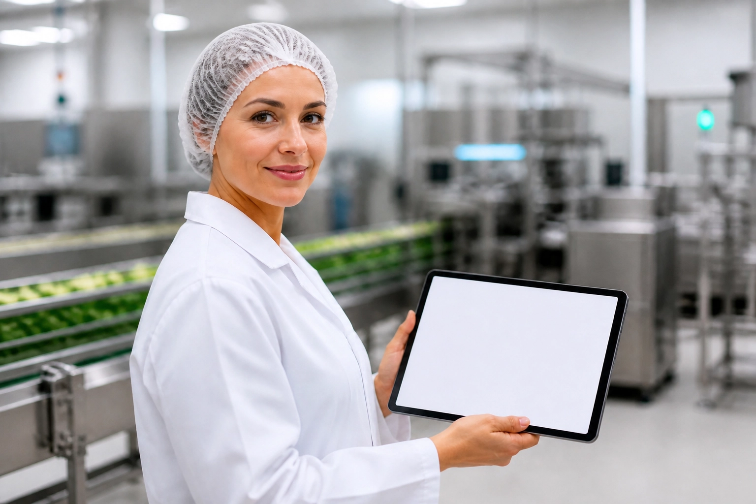 Especialista em implementação de sistemas de segurança alimentar utiliza tablet para controlo de rastreabilidade.