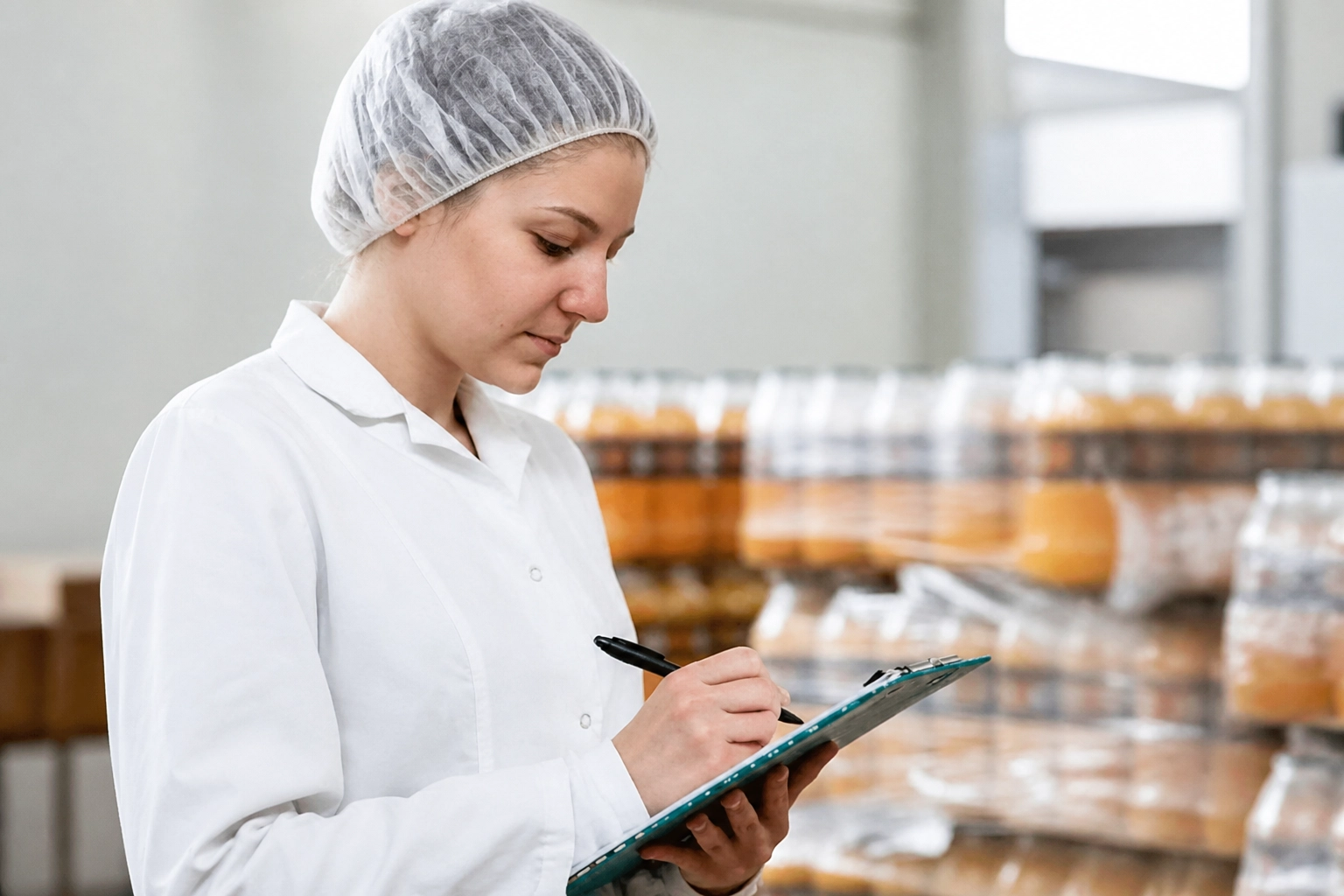Profissional da indústria alimentícia realiza inspeção e anotação em checklist