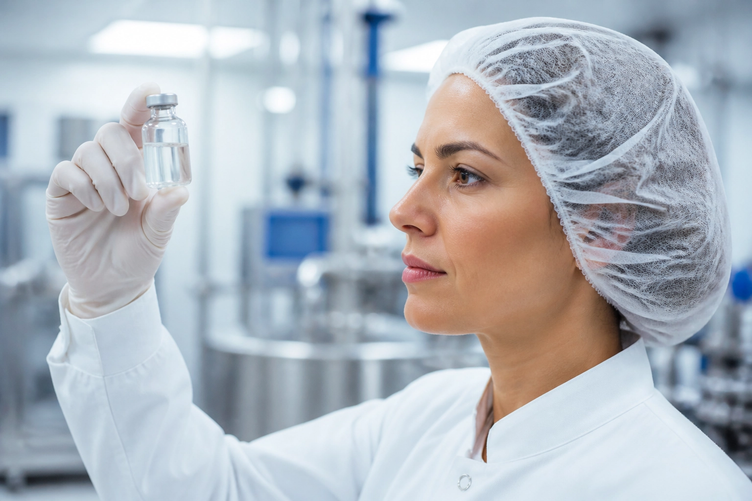 Especialista em segurança alimentar analisa amostra de biocida em laboratório seguindo normas de higiene.