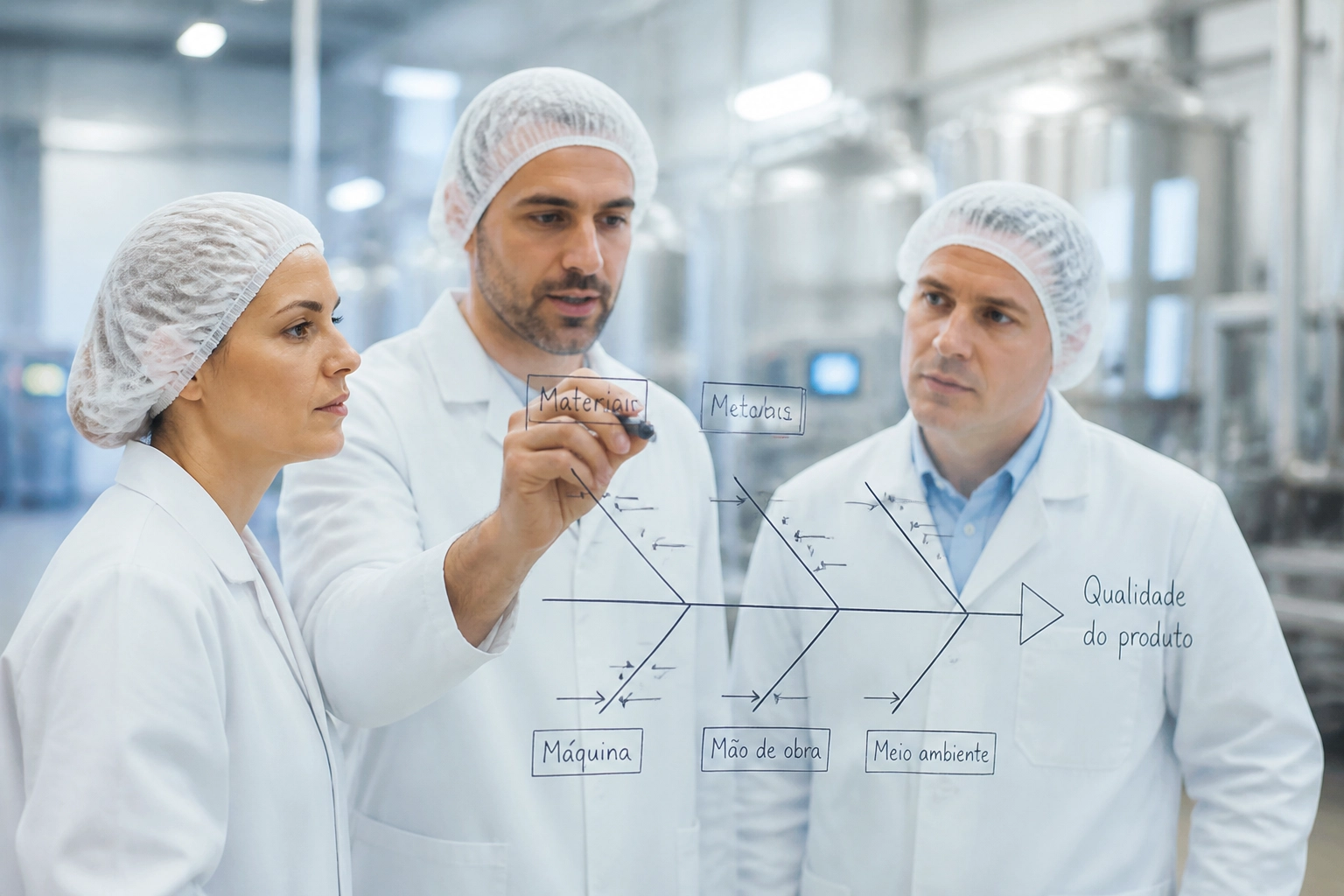 Gestores de qualidade analisam causa raiz com diagrama de Ishikawa na indústria alimentar.