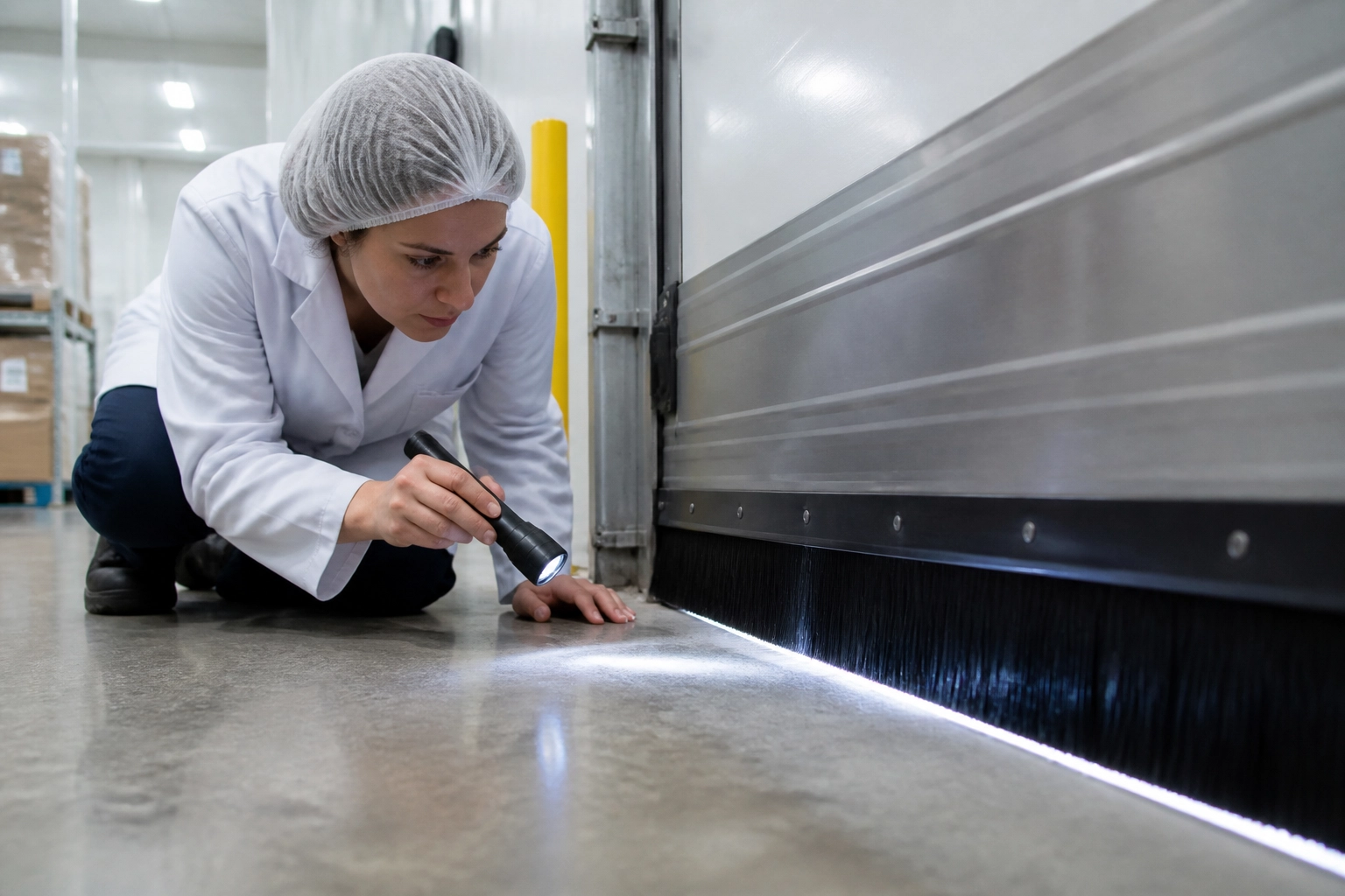 Auditora avalia eficácia de barreira contra pragas em porta de armazém industrial de alimentos, em contexto de higiene rigorosa.