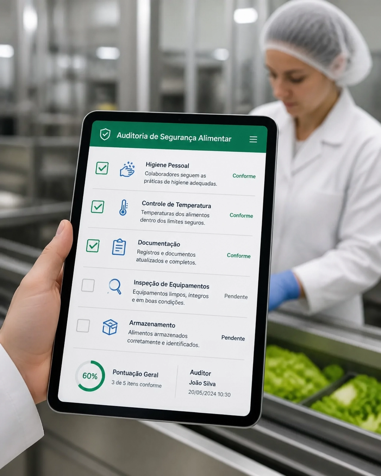 Close-up de um tablet com uma checklist digital moderna para auditorias de segurança alimentar