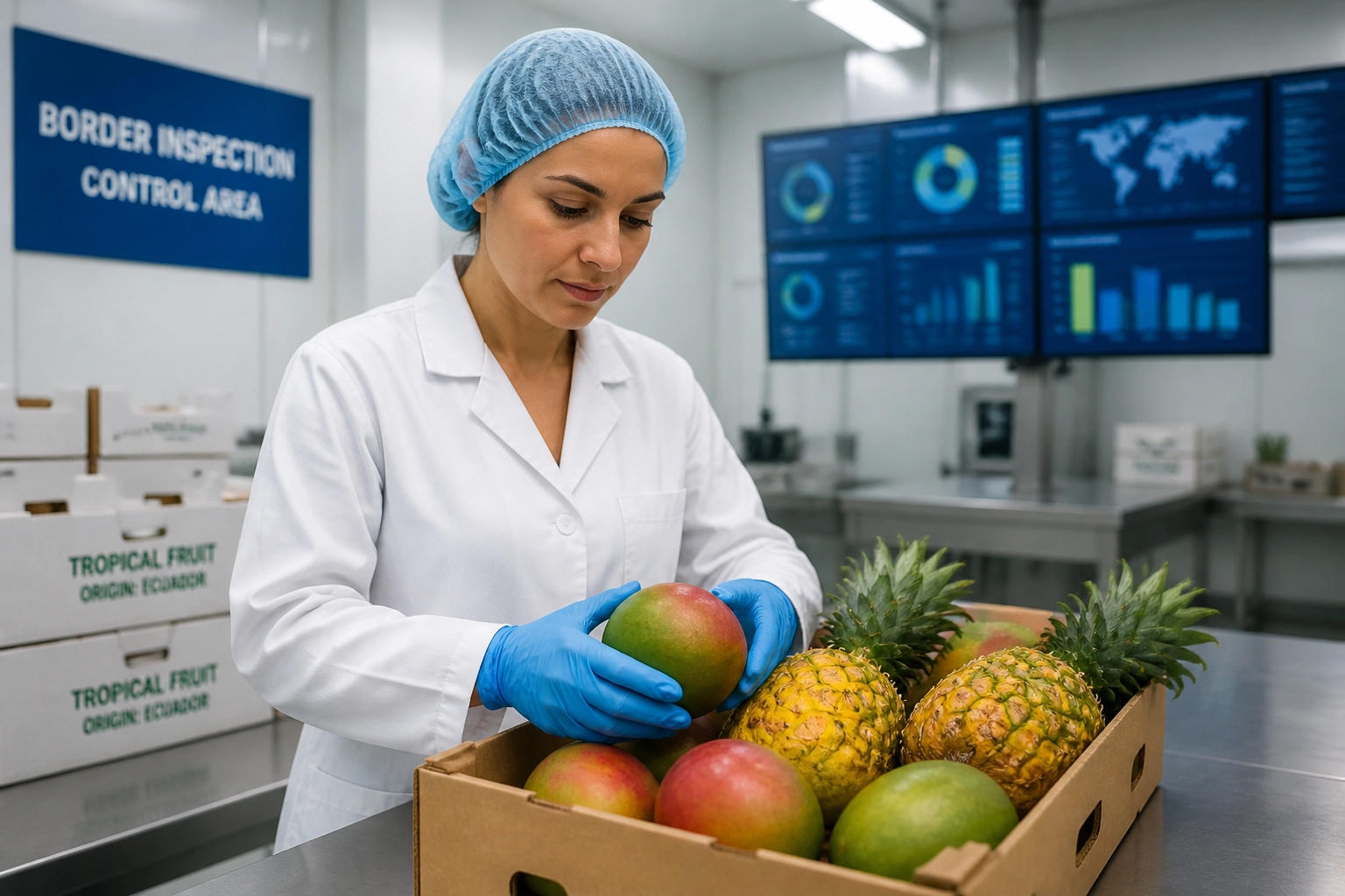 Inspeção de segurança alimentar em frutas importadas para controlo de resíduos de pesticidas na UE.