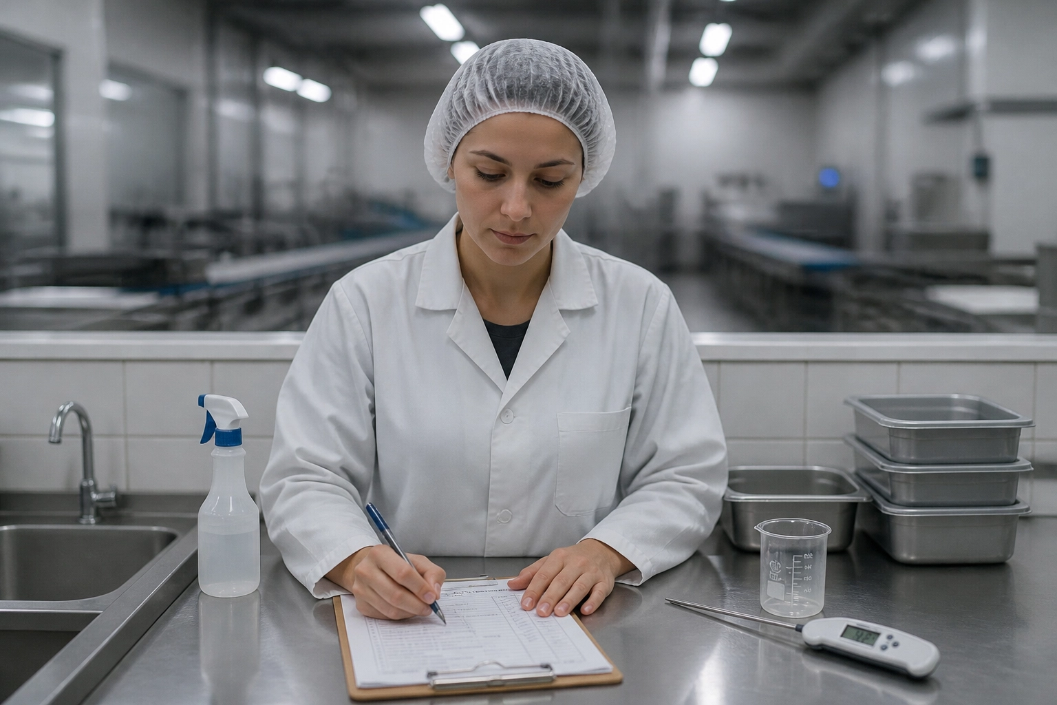 Ambiente de auditoria com checklist, termómetro e práticas de higiene rigorosas