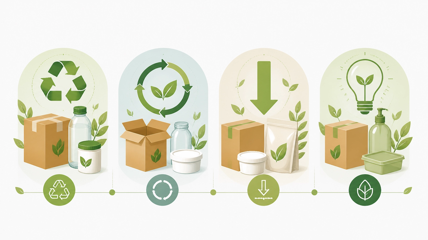 Infografia ilustrada sobre reciclabilidade, economia circular, redução de resíduos e ecodesign em embalagens sustentáveis.