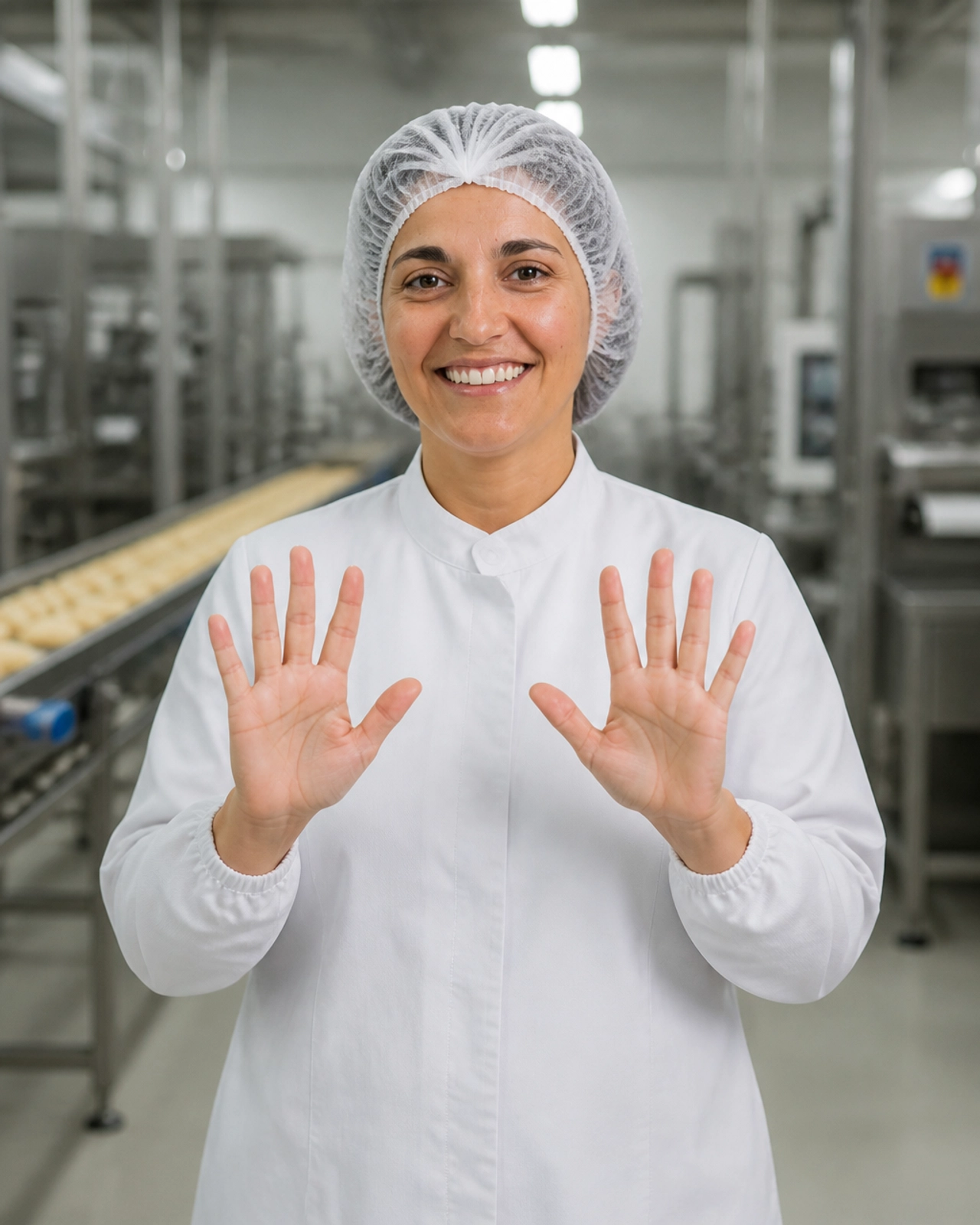 Trabalhador industrial demonstrando o cumprimento da política de zero adornos e uso correto da touca