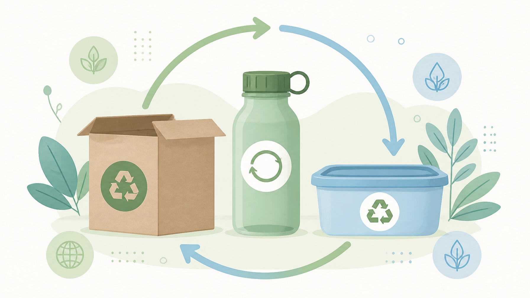 Ilustração editorial de embalagens recicláveis com símbolos de economia circular, incluindo caixa, frasco e recipiente.