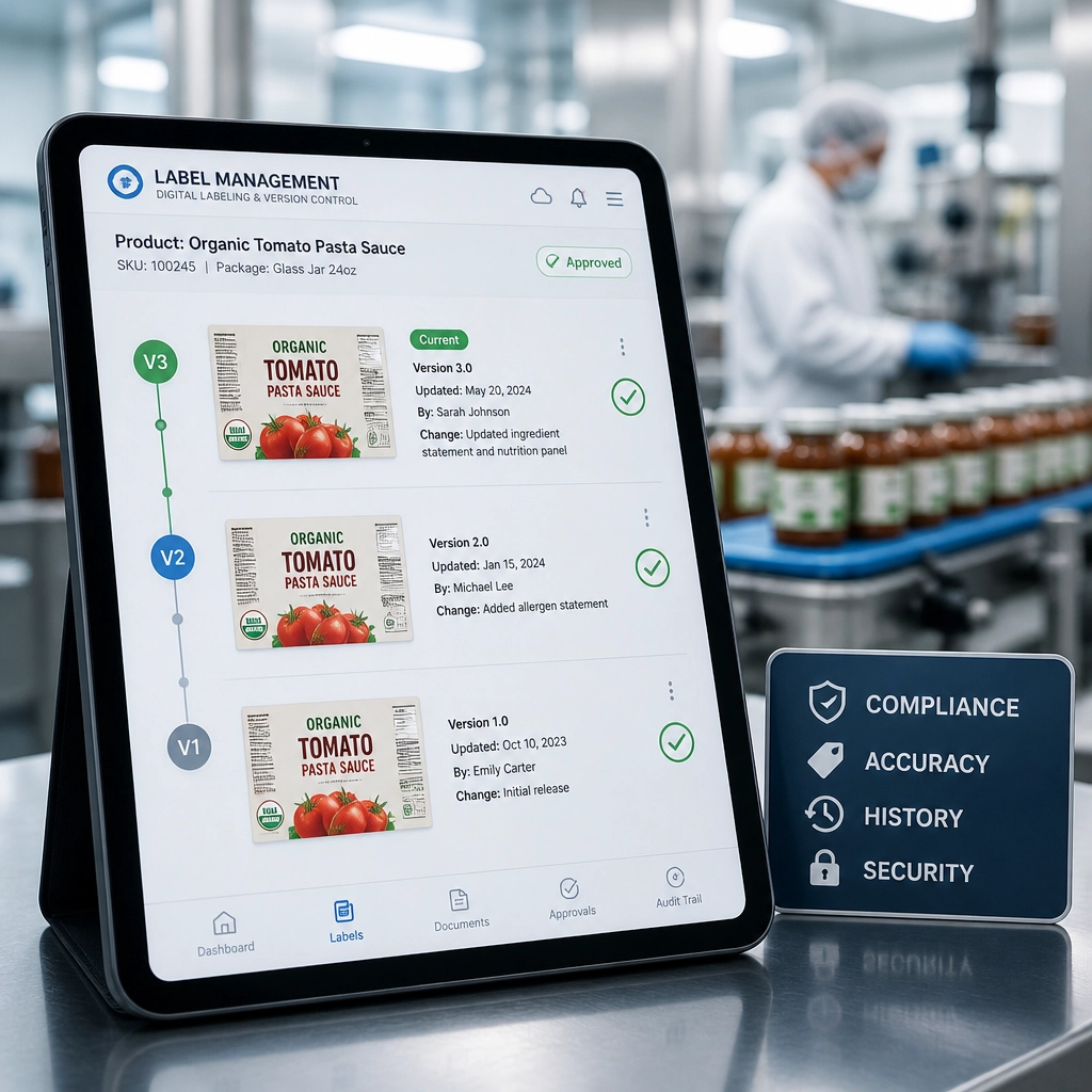 Interface digital mostrando o controlo de versões de rótulos, essencial para evitar erros de impressão e conformidade.