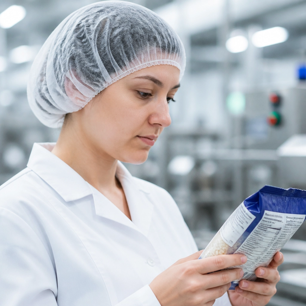 Profissional da indústria com touca total e sem adornos, verificando cuidadosamente um rótulo na linha de produção.