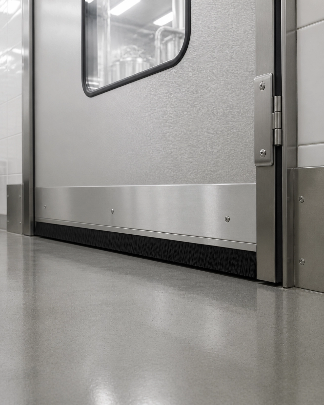 Detalhe de uma porta industrial com vedação perfeita para prevenir pragas
