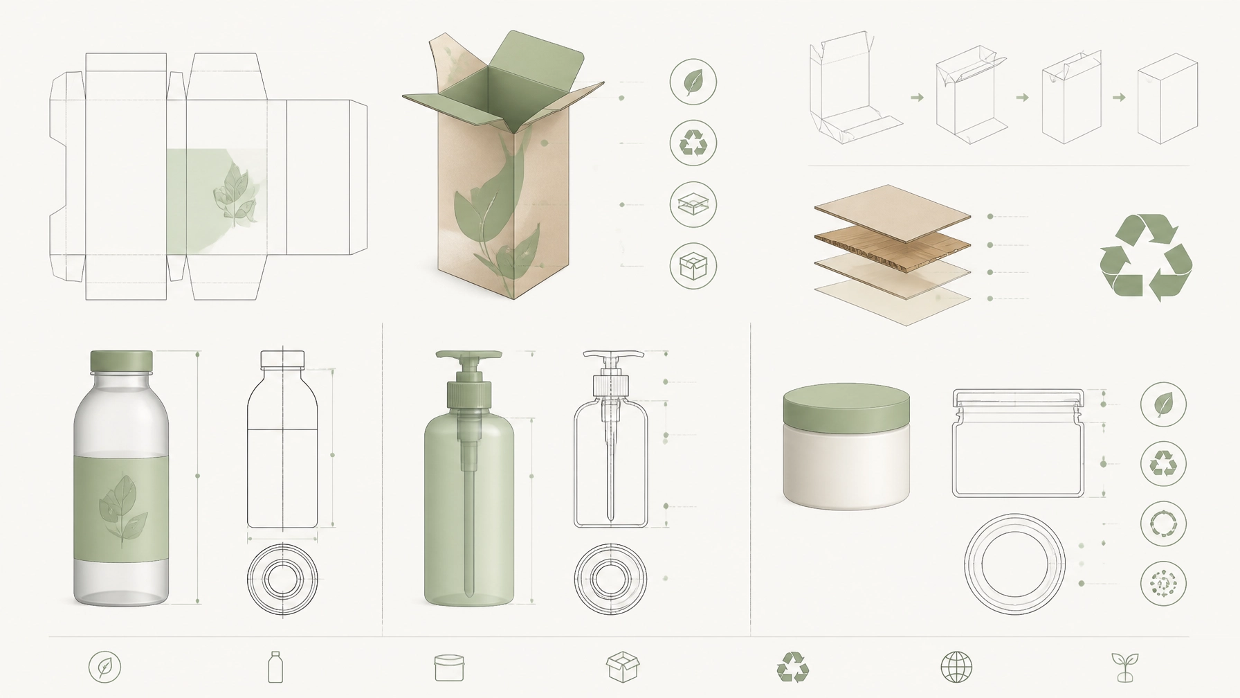 Ilustração técnica de documentação e design de embalagens sustentáveis com caixa, frasco e recipiente.