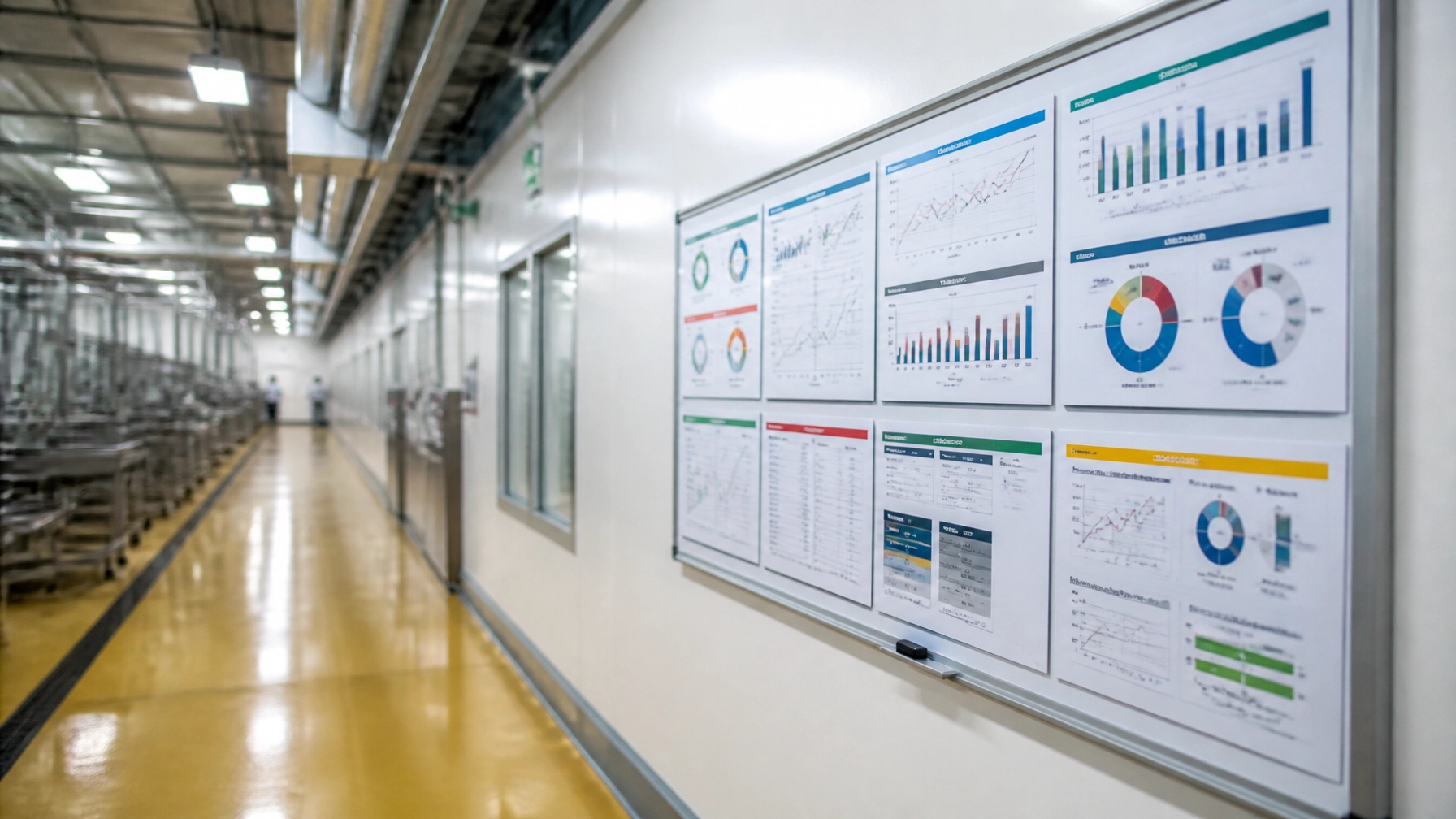 Quadro de indicadores de gestão visual num corredor limpo da fábrica alimentar, com ambiente profissional, higiénico e organizado