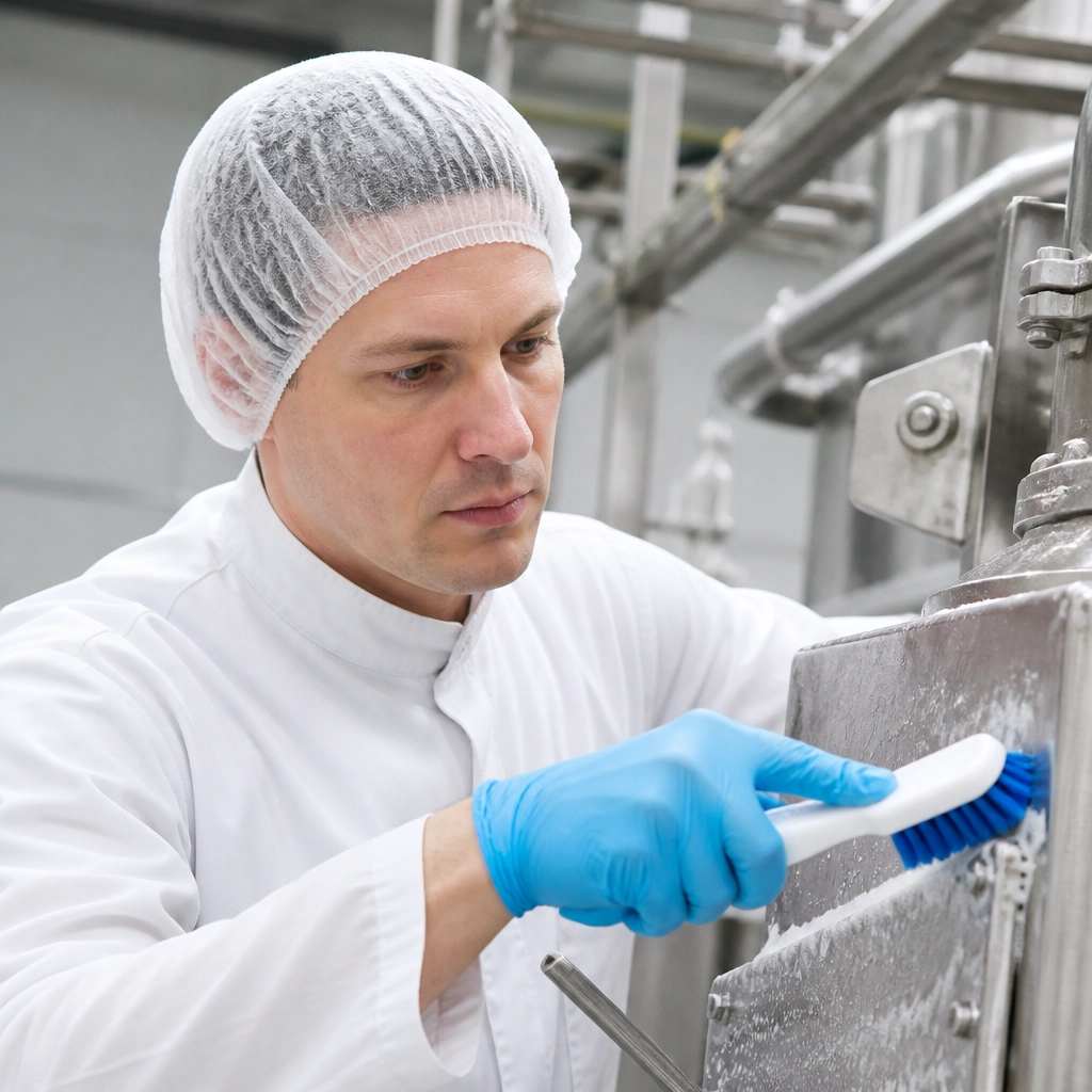 Operador a realizar limpeza minuciosa de equipamento industrial, demonstrando a importância da higiene.