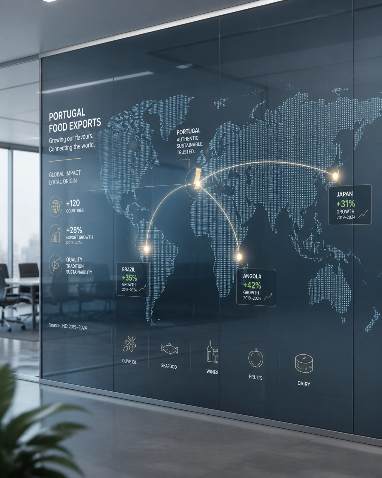Mapa global destacando o crescimento das exportações portuguesas para mercados fora da UE