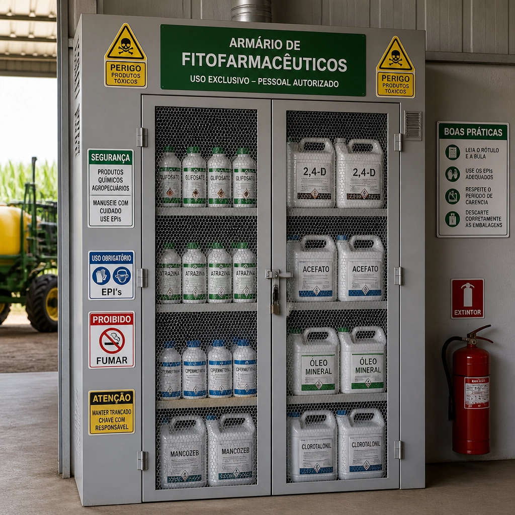 Armário de fitofarmacêuticos organizado, trancado e devidamente sinalizado, garantindo a segurança na exploração agrícola.