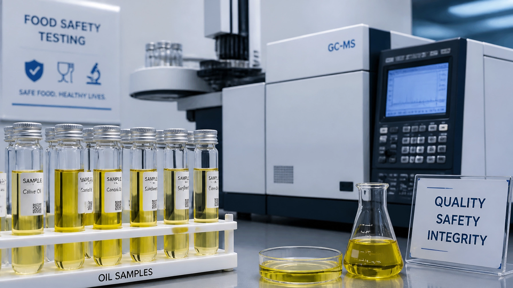 Laboratório de controlo de qualidade realizando análises de contaminantes em amostras de alimentos