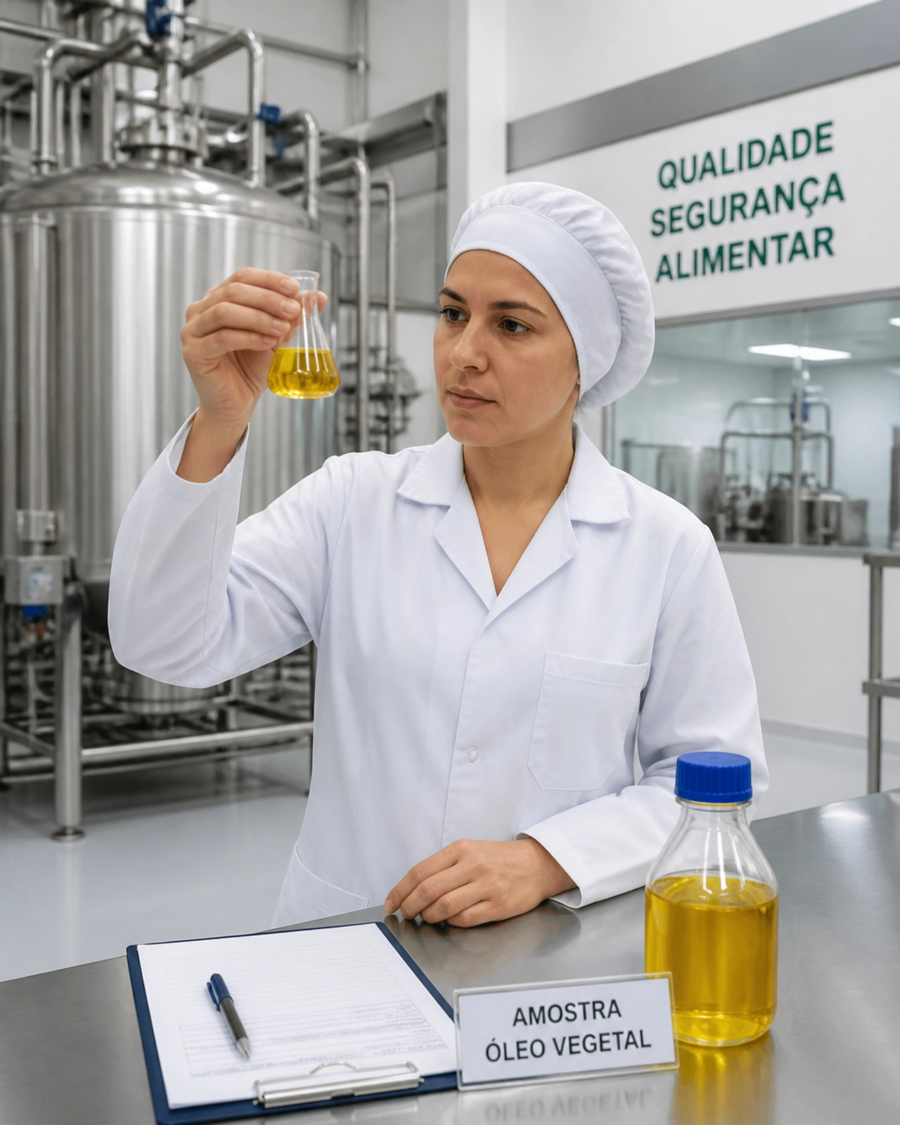 Técnica de qualidade com touca, sem adornos e sem maquilhagem, inspecionando a produção de azeite num ambiente estéril e profissional