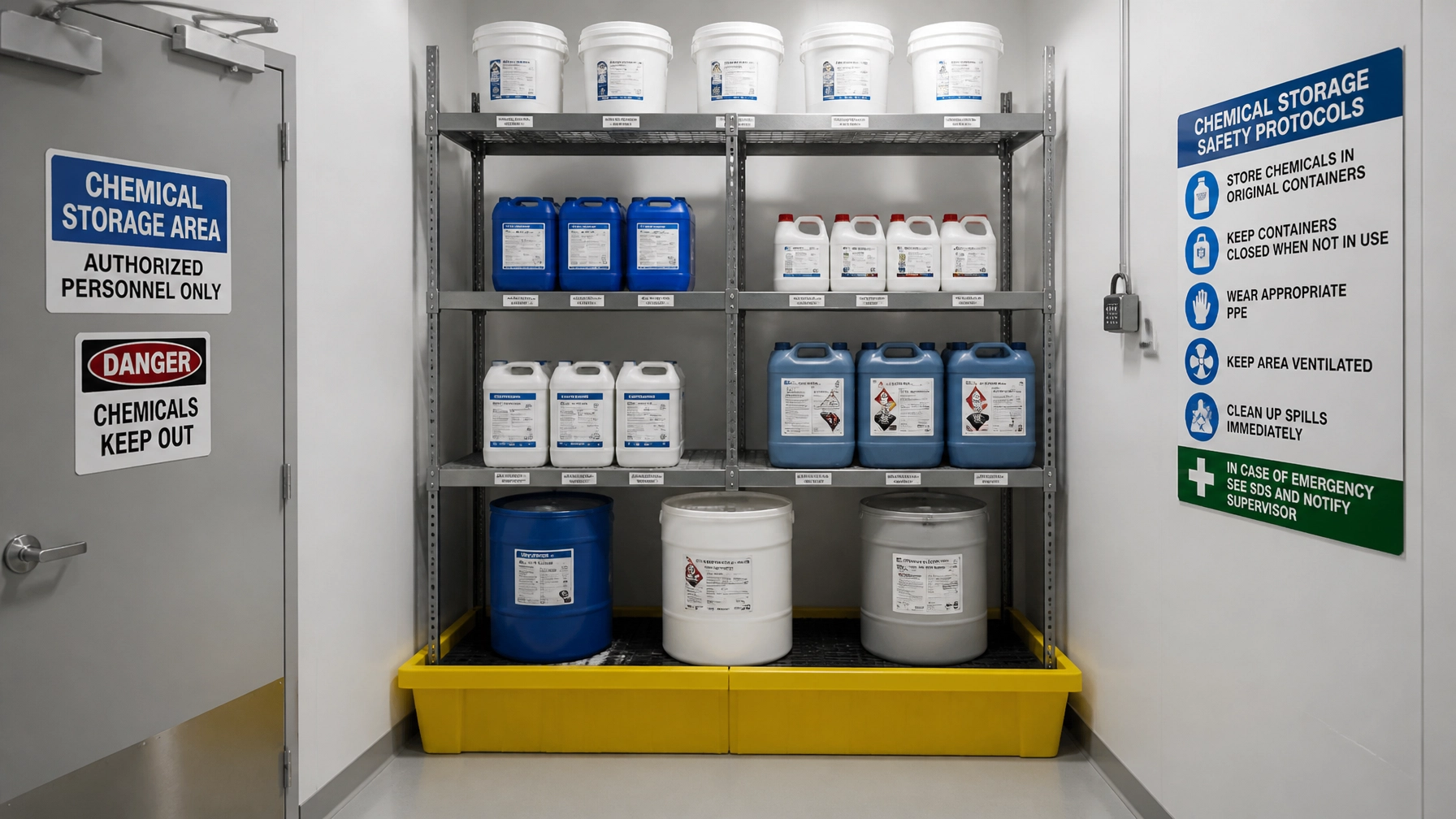 Área de armazenamento de produtos químicos devidamente organizada e sinalizada num ambiente industrial.