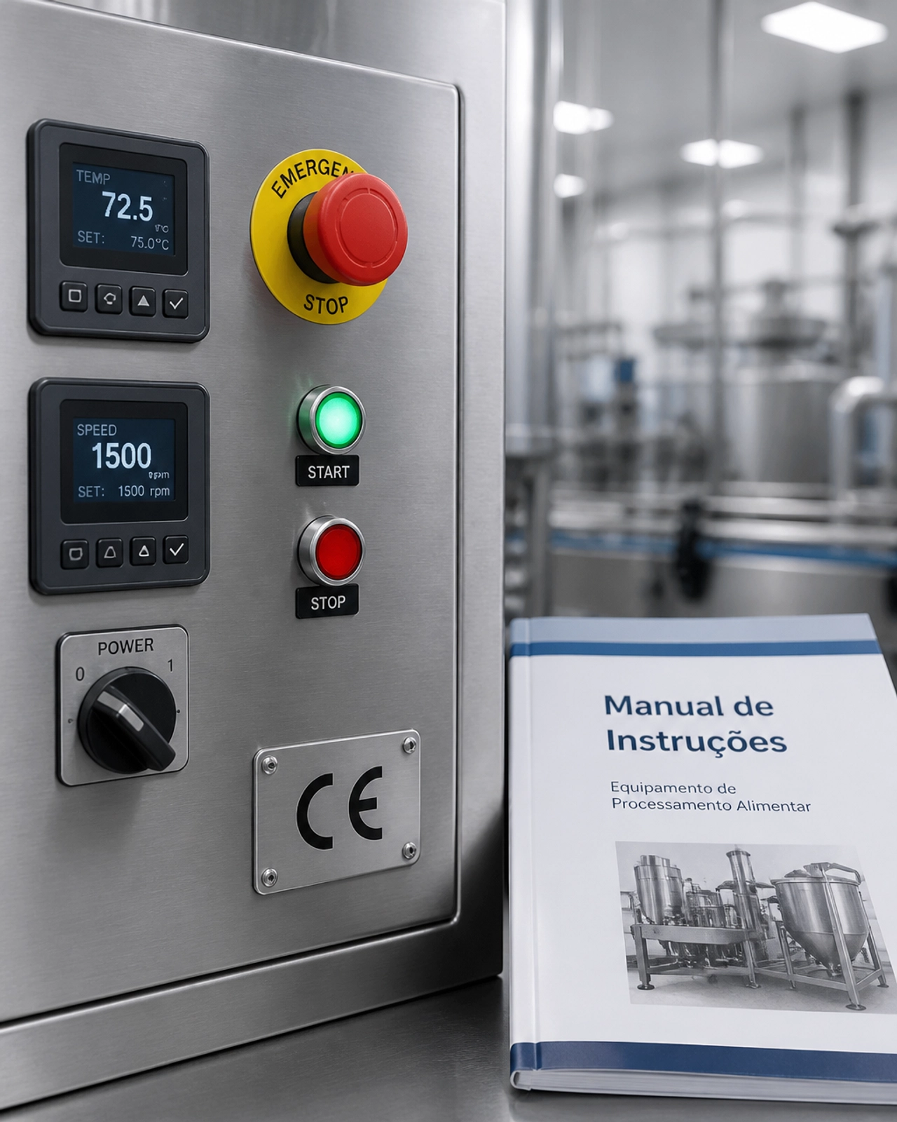 Painel de controlo industrial com marcação CE e manual de instruções em português