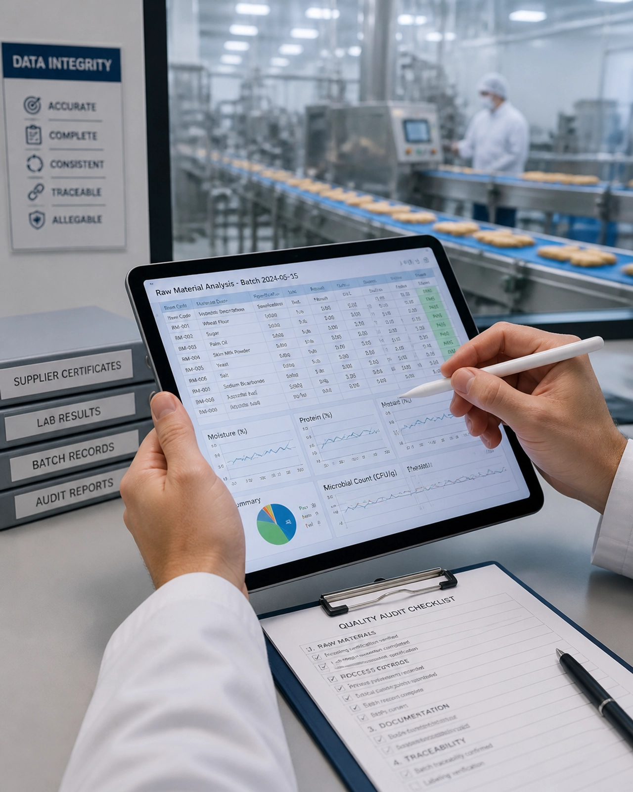 Auditor a analisar registos digitais num tablet com foco na integridade dos dados