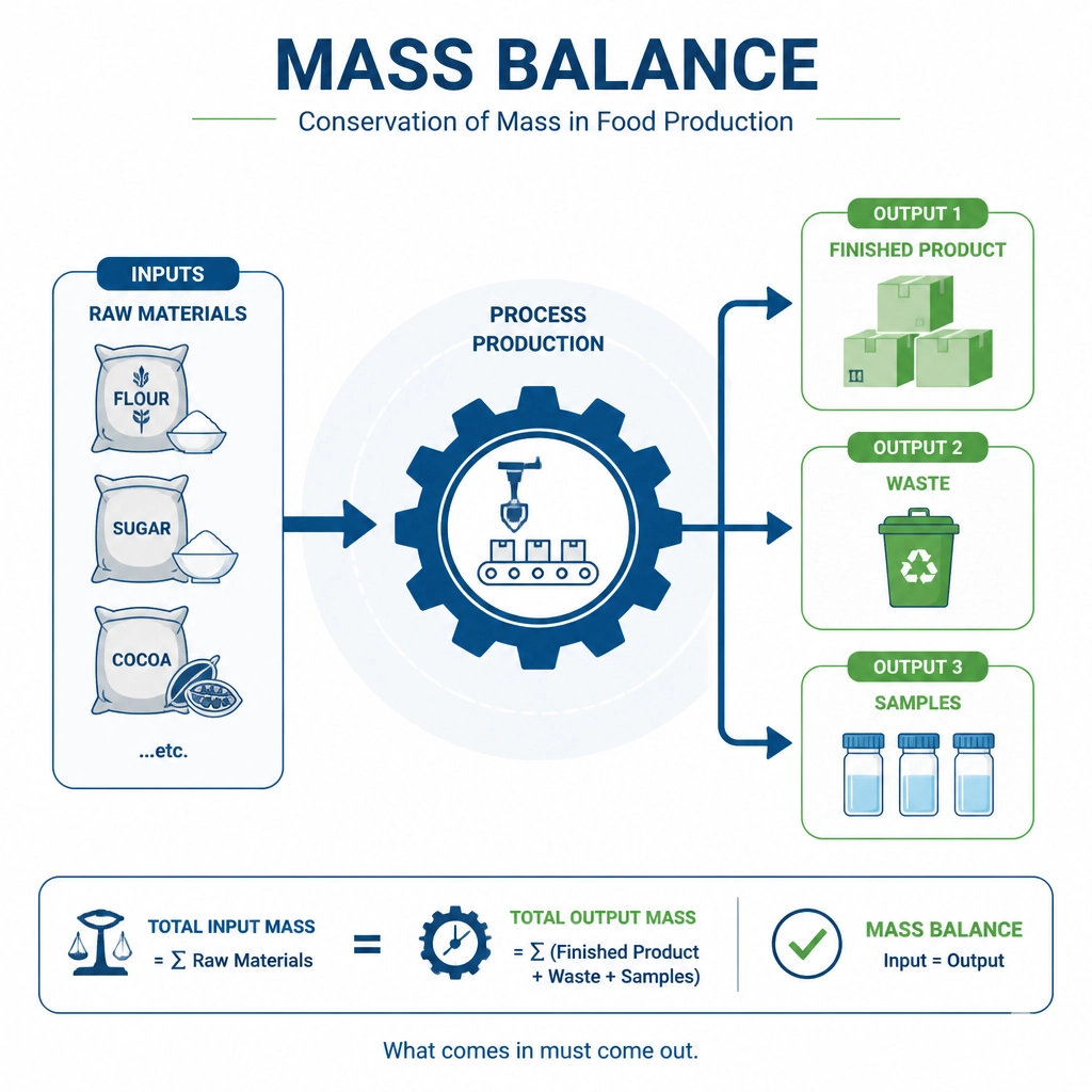 Gráfico técnico representando o Balanço de Massa: Matérias-primas, processamento e saídas (produto, resíduos e amostras)