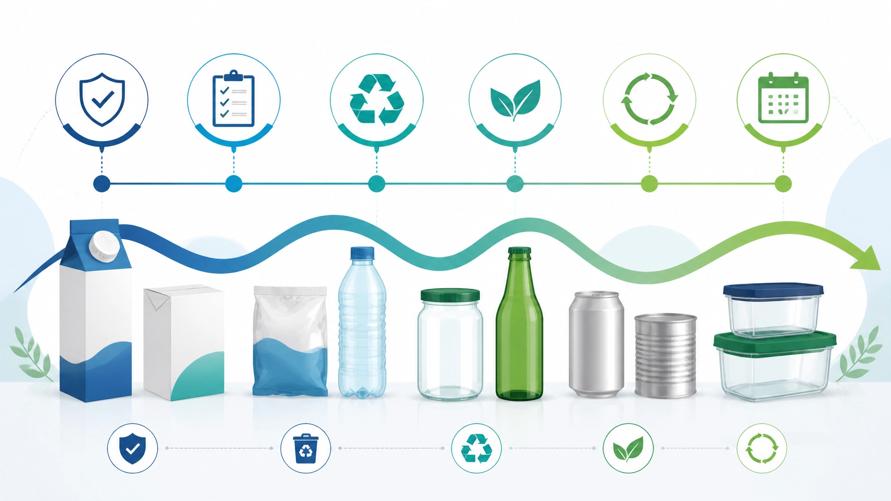 Ilustração de embalagens alimentares organizadas num sistema circular de reciclagem e conformidade