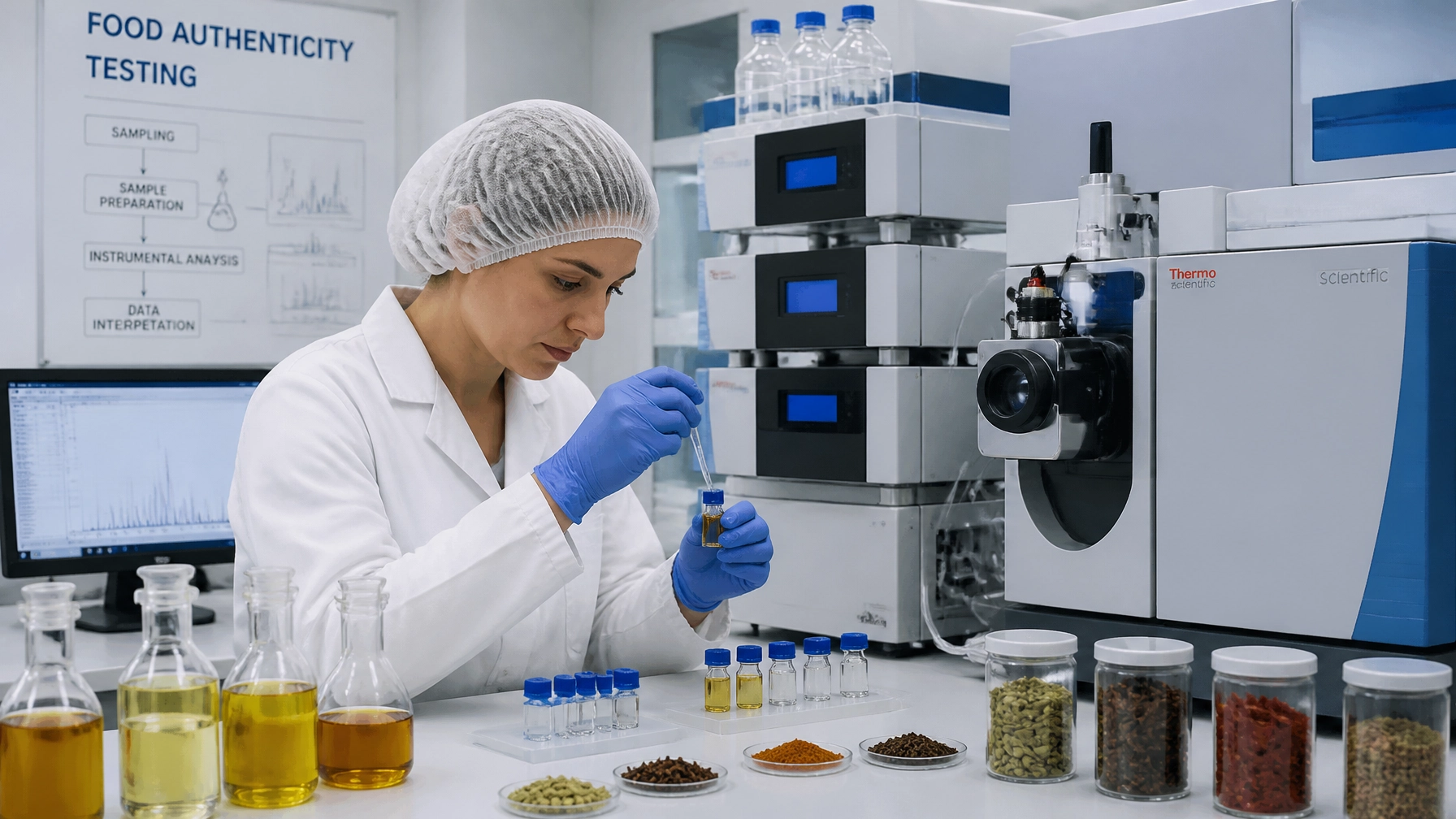 Laboratório de controlo de qualidade realizando testes de autenticidade e pureza
