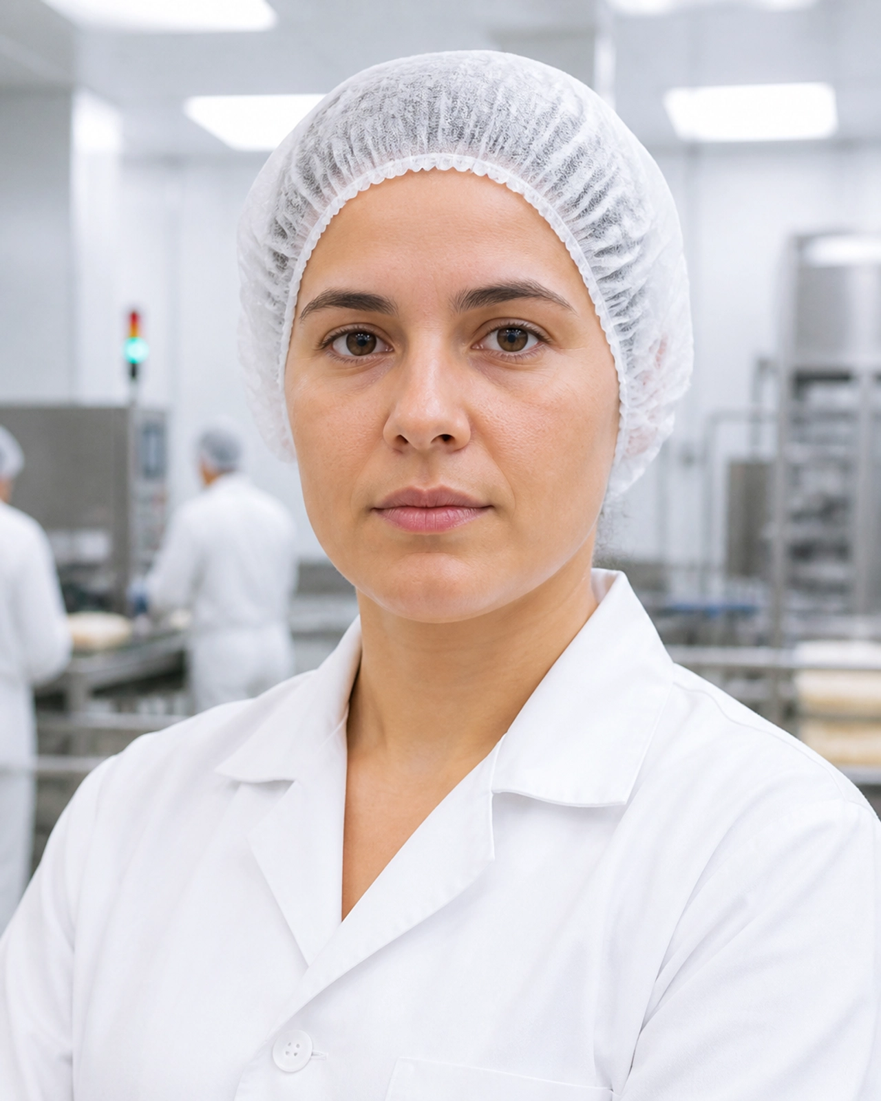 Trabalhadora da indústria alimentar com touca total, sem maquilhagem e sem adornos, cumprindo os padrões de higiene